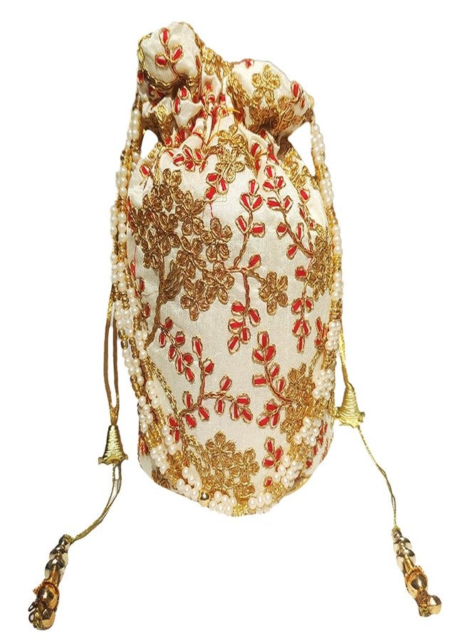 FLIHAUT® Beautiful Ethnic Potli Bag with Beadwork for Women, Girls, Weddings, Return Gift, Parties (White Golden with Red) - Image 1